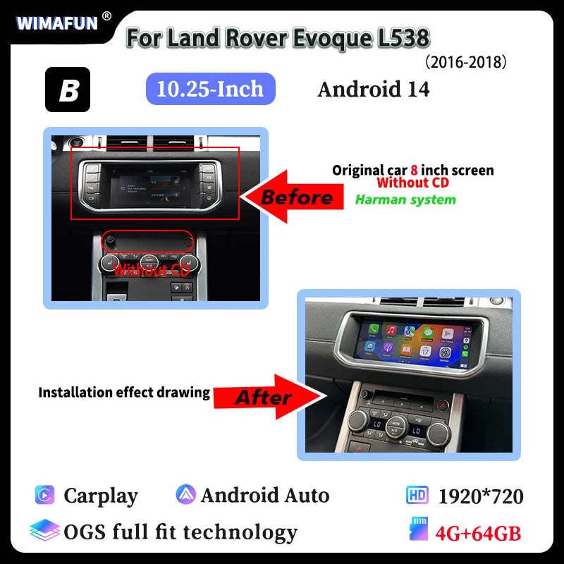 10.25" For Range Rover Evoque L538 2012-2018 Car Radio Navigation Multimedia Screen Bluetooth Player Android 14 Carplay Auto