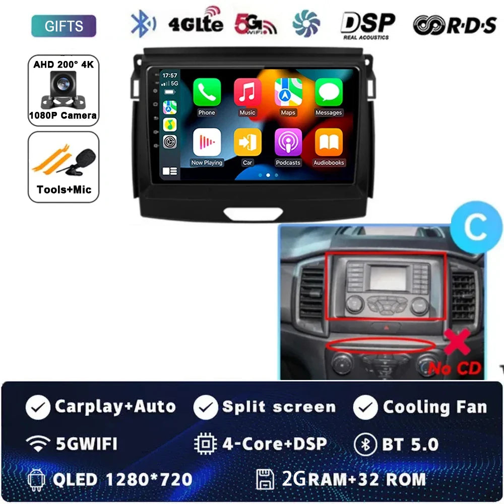 Android 15 Car Radio Stereo QLED Screen For Ford Ranger 2015 2016 2017 2018 2019-2022 GPS Multimedia Carplay Autoradio Head unit
