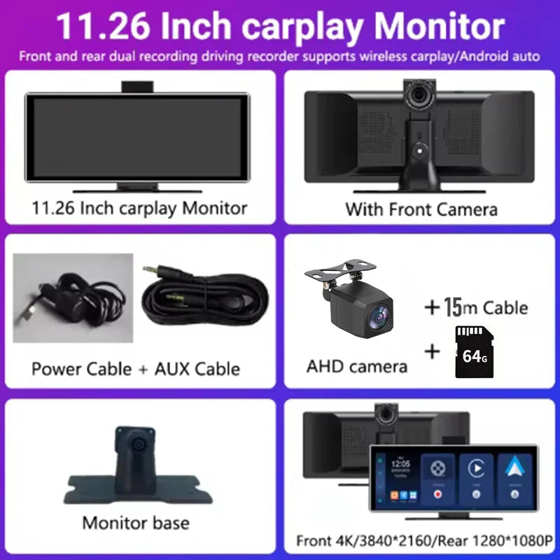 Truck 12-24V 11.26" Reversing Image Universal Dash Recorder Wireless Carplay BT Multimedia Player