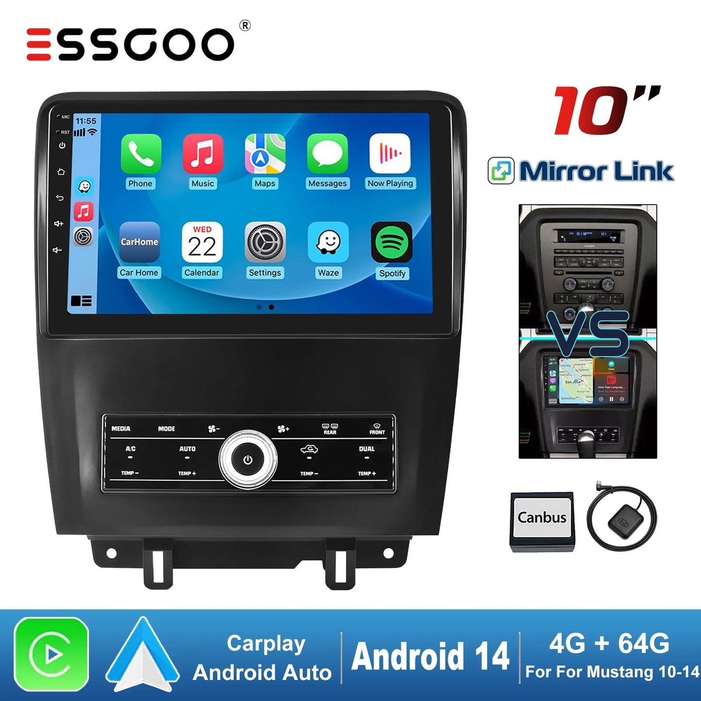 ESSGOO 10.1" Android 14 Car Stereo Radio For Ford Mustang 2010-2014 Carplay/Android Auto Touchscreen GPS Nav BT FM USB SWC
