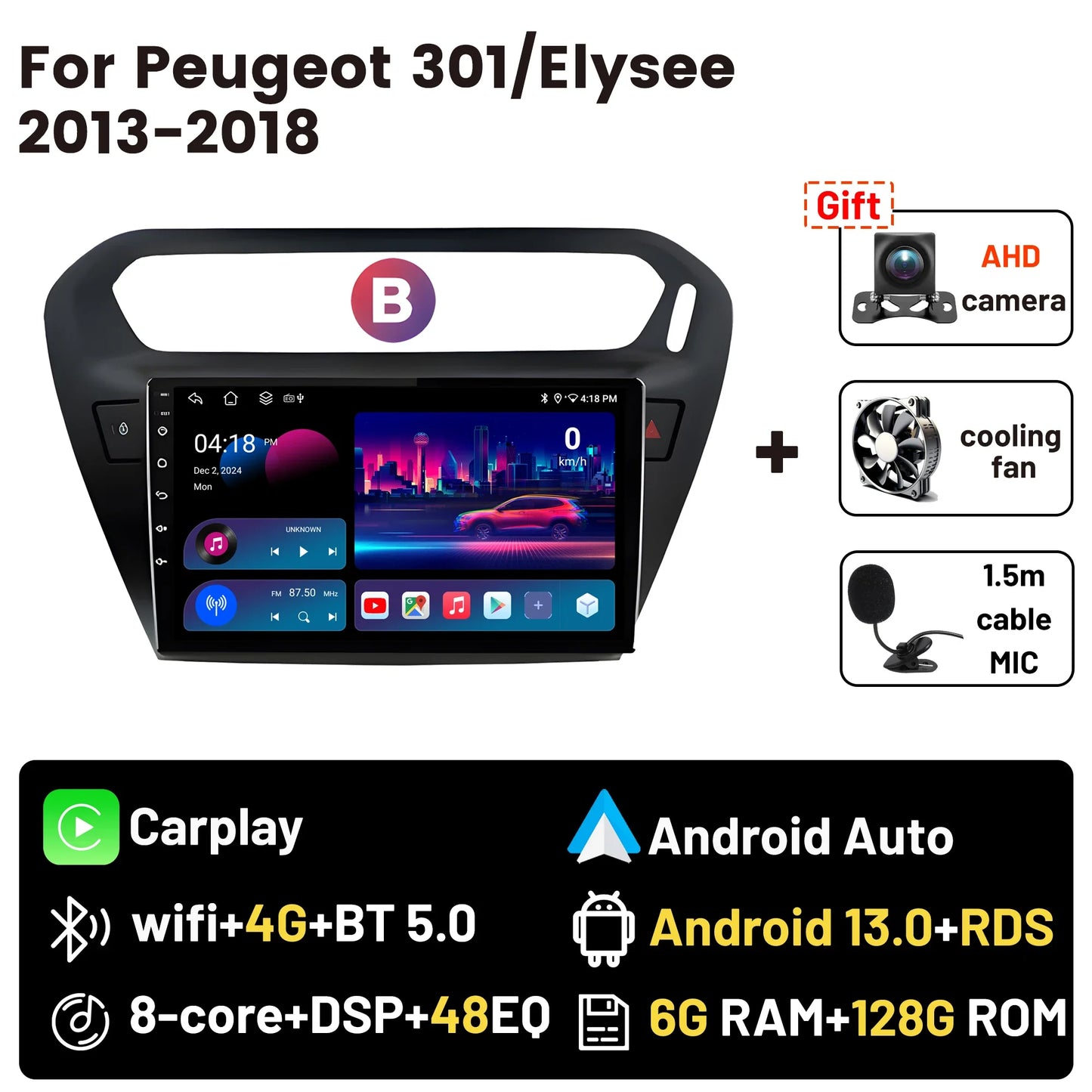Wireless CarPlay Android Auto Car Bluetooth Radio For Peugeot 301 Citroen Elysee 2013-2018 2Din Android 14 DSP GPS FM Autoradio