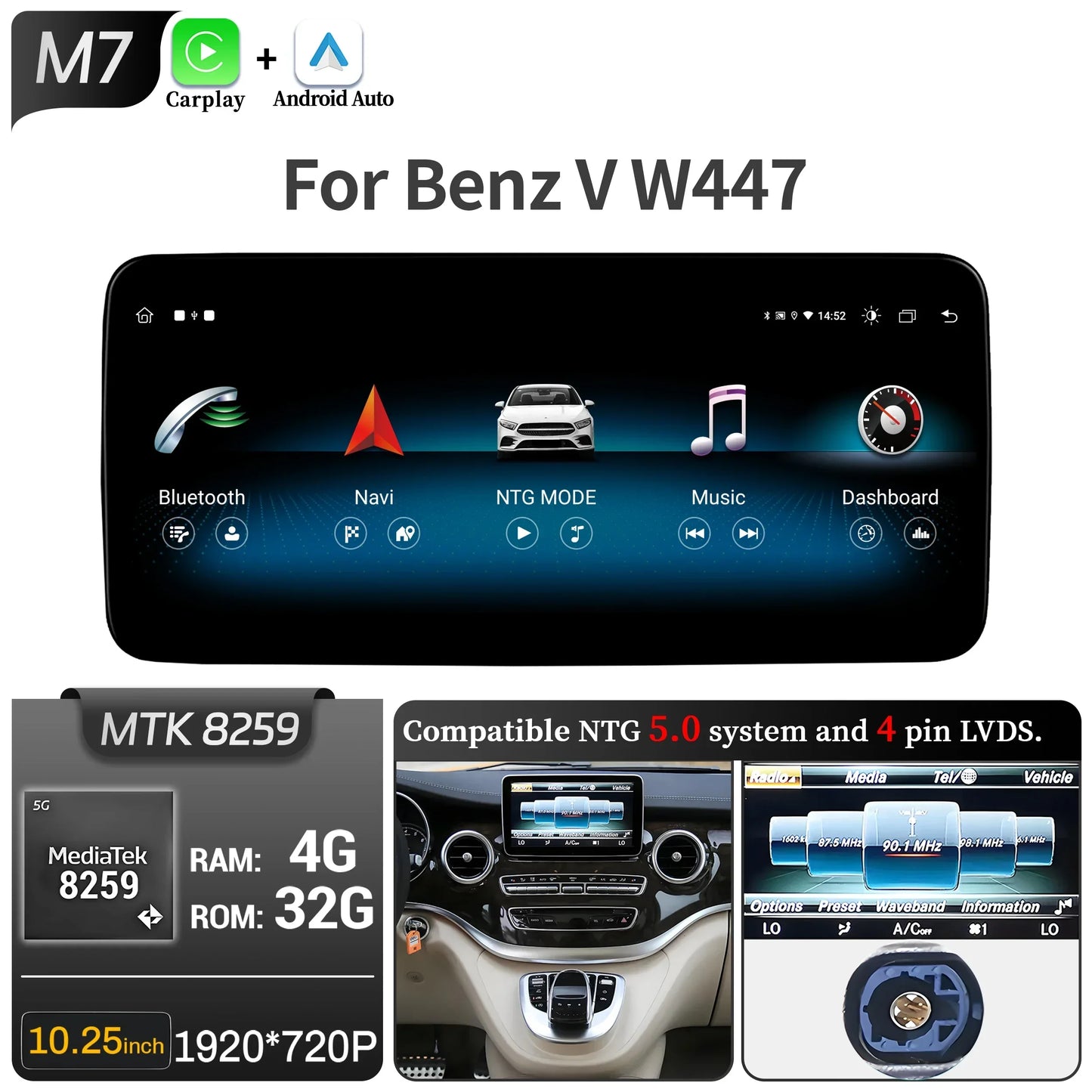 Car Radio For Mercedes Benz V Class W447 V250 V260 V350 Android 14 4G Wireless BT Carplay Snapdragon 680 Head Unit Touch Screen