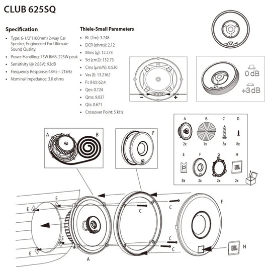 JBL Car Audio Speaker 6.5-inch CLUB 625SQ Coaxial Speaker Treble Subwoofer Full Band Stereo Surround Speaker