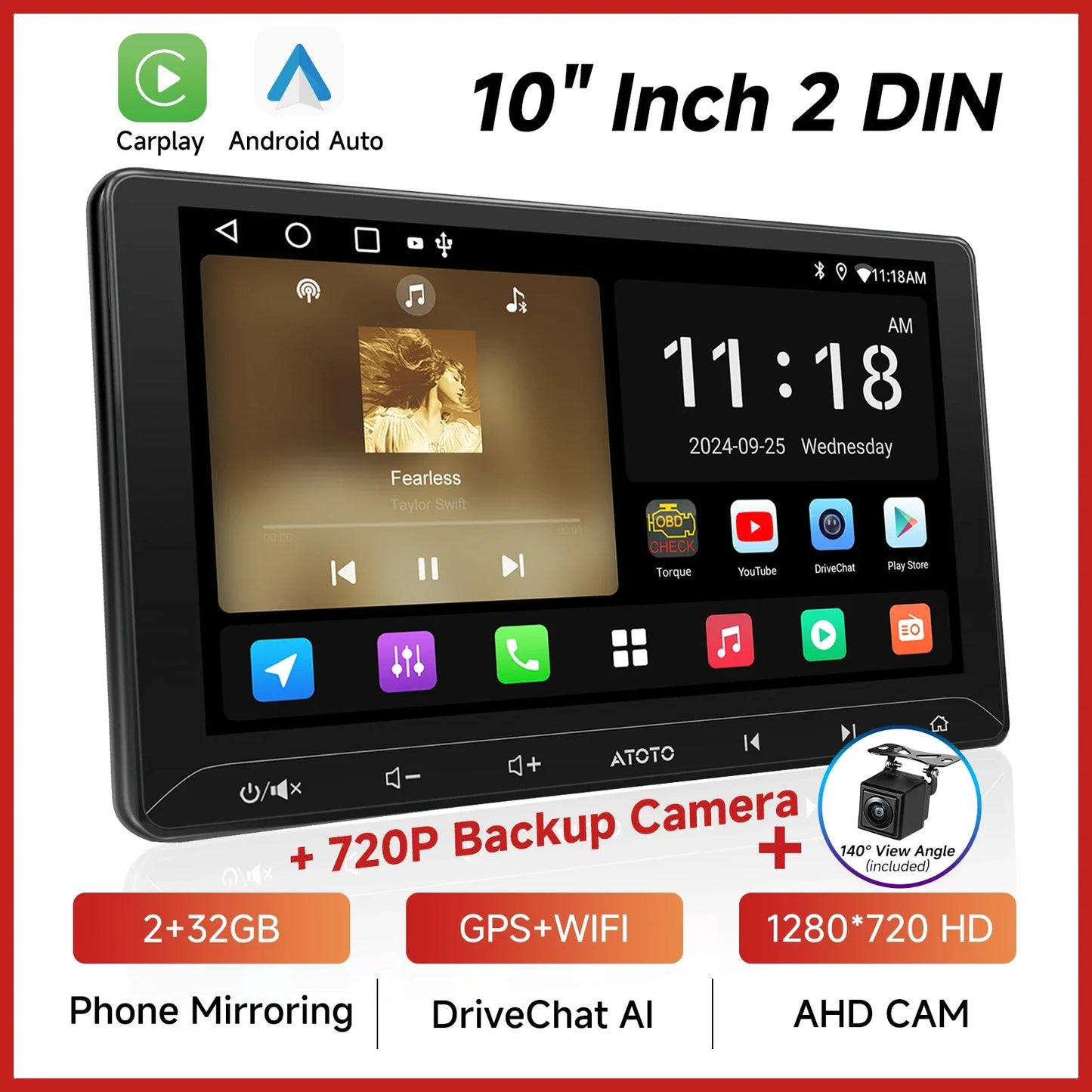 ATOTOZONE 7/9/10 Inch Android Car Stereo Double Din 1280x720IPS Touchscreen FM GPS WiFi Wireless CarPlay/Android Auto AHD Camera