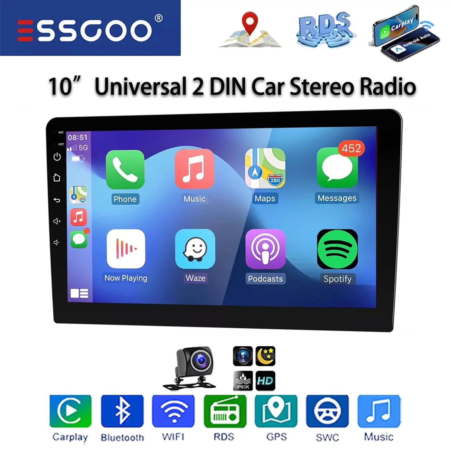 ESSGOO 10“ Android 13 Wireless Carplay Car Stereo Multimedia Player Radio 2 DIN GPS Navigation BT WIFI Universal For VW Nissan