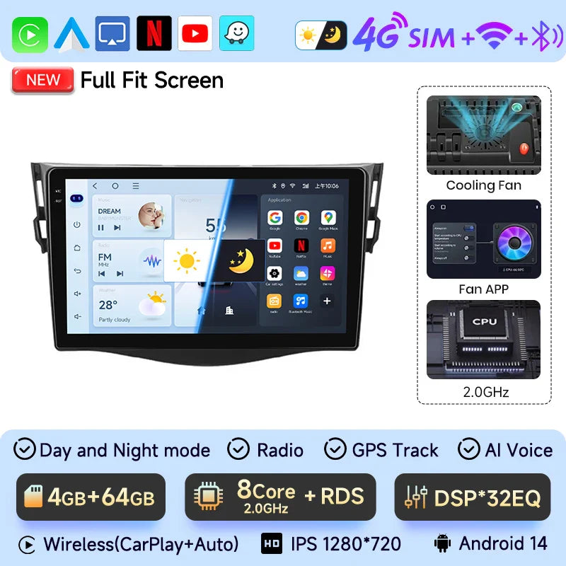 JIUYIN Car Radio For Toyota RAV4 Rav 4 2005-2013 Android 14 Multimedia Player 2Din Carplay DSP Navigation GPS 4G WIFI stereo