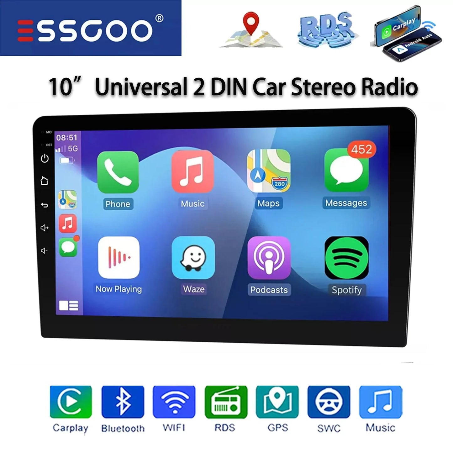 ESSGOO 10“ Android 13 Wireless Carplay Car Stereo Multimedia Player Radio 2 DIN GPS Navigation BT WIFI Universal For VW Nissan