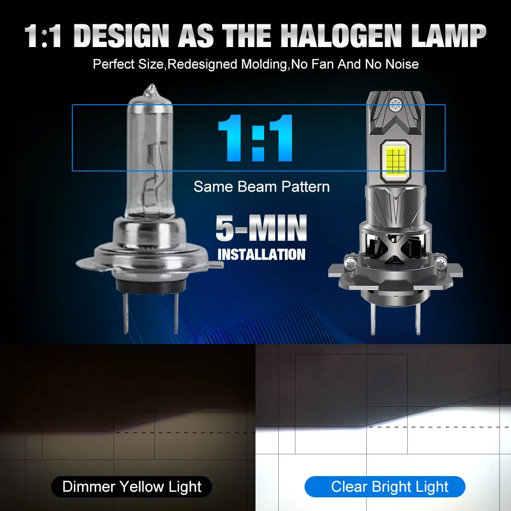 2Pcs 300W Turbo H7 LED Headlight Bulbs CANBUS Lights 30000LM H7 Led Mini Lamp 24pcs 3570 CSP Wireless Car LED with Fan 12V 6500K