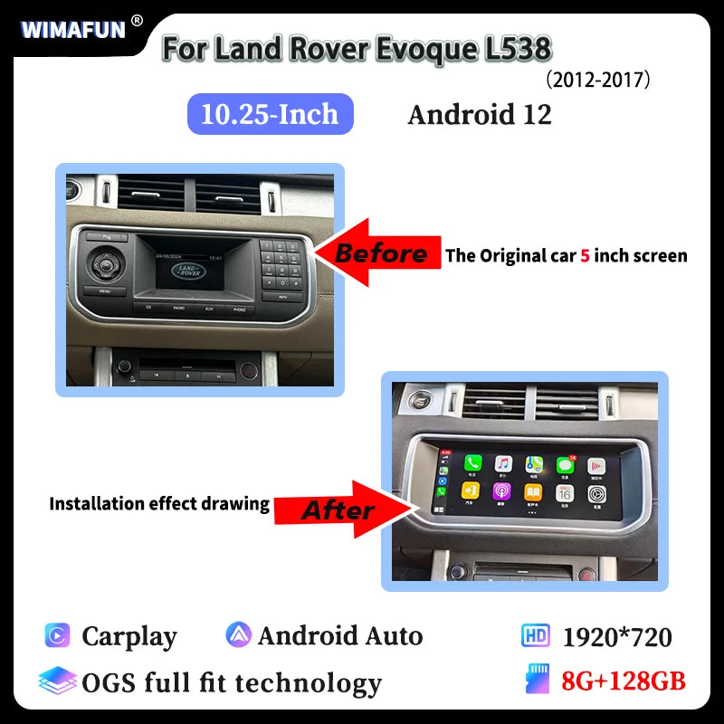 10.25" For Range Rover Evoque L538 2012-2018 Car Radio Navigation Multimedia Screen Bluetooth Player Android 14 Carplay Auto