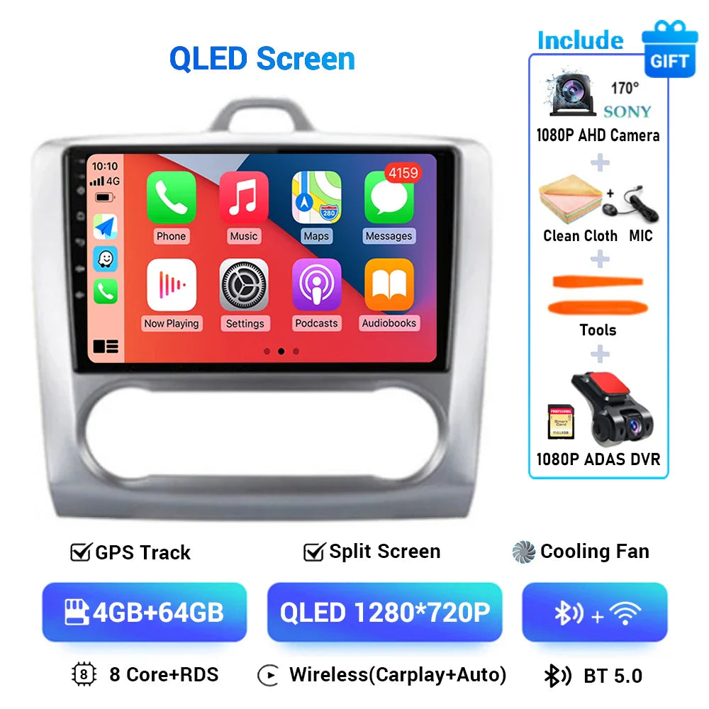 Android 13 Wireless CarPlay Auto For Ford Focus 2 3 Mk2 Mk3 2004-2011 4G+WIFI Car Radio Multimedia Stereo Player GPS 360 Camera