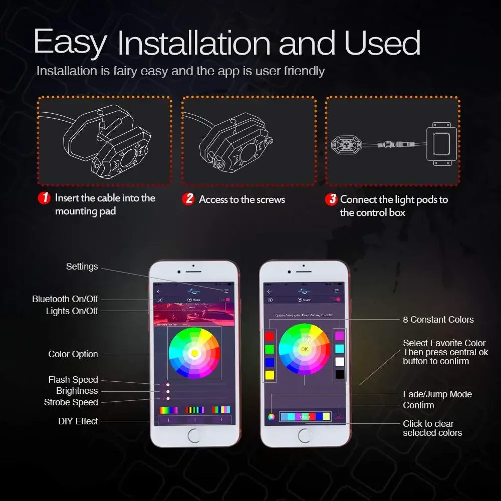2nd-Gen RGB LED Rock Lights with Bluetooth Controller, Timing Function, Music Mode - 8 Pods Multicolor Neon LED Light Kit