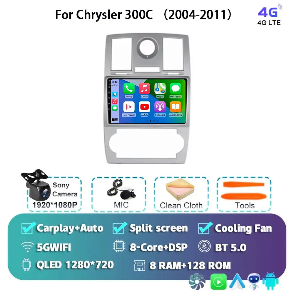 Android 15 For Chrysler 300C 2004-2011 Auto Carplay Car Radio Navigation GPS Video Multimedia Player 360 Camera 4G WIFI DSP