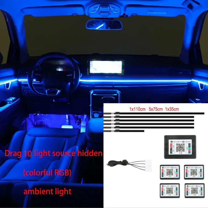 Universal Acrylic Neon LED Car Interior Ambient Lights APP Strip Light Guide Fiber Optic RGB Auto Decoration Atmosphere Lamp