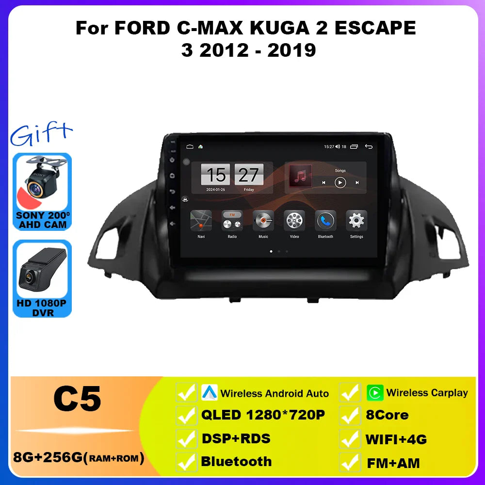 Android 14 For FORD C-MAX KUGA 2 ESCAPE 3 2012 - 2019 Car Radio Multimedia Video Player Navigation GPS WIFI 4G Stereo Head Unit