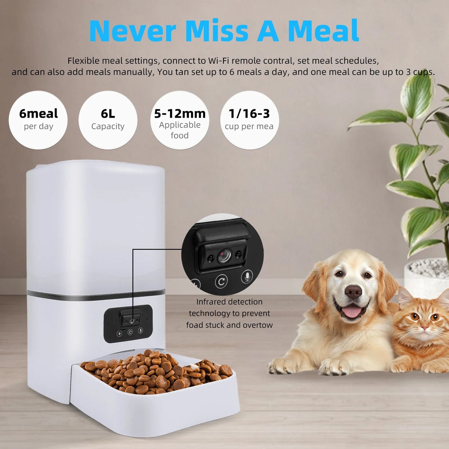 6L intelligent automatic cat feeder with night vision camera dry food video pet intelligent voice recording, cat and dog feeder