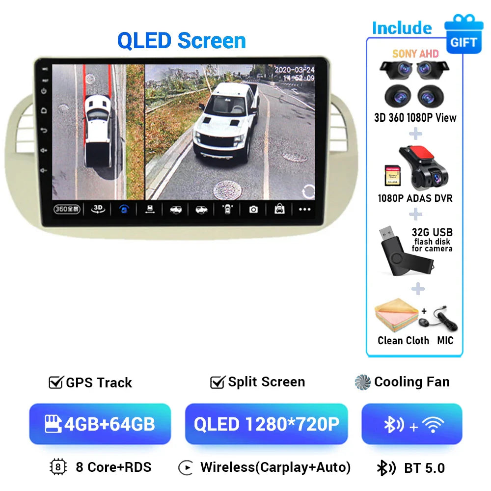 Android 15 8+256G For Fiat 500 Car Radio Stereo GPS Navigation Mirror Connection Split Screen Multimedia Carplay Auto Player DSP