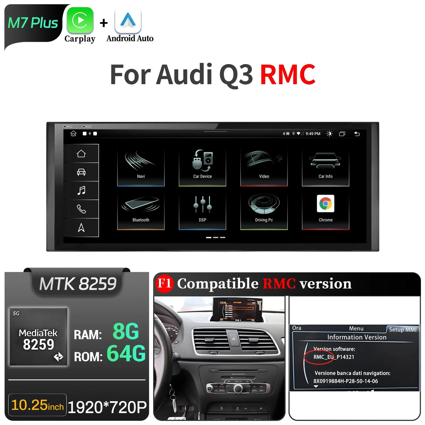 10.25 inch Android 14 For Audi Q3 2011-2018 Car Radio Wireless Bluetooth Carplay Qualcomm Snapdragon 680 Head Unit Touch Screen