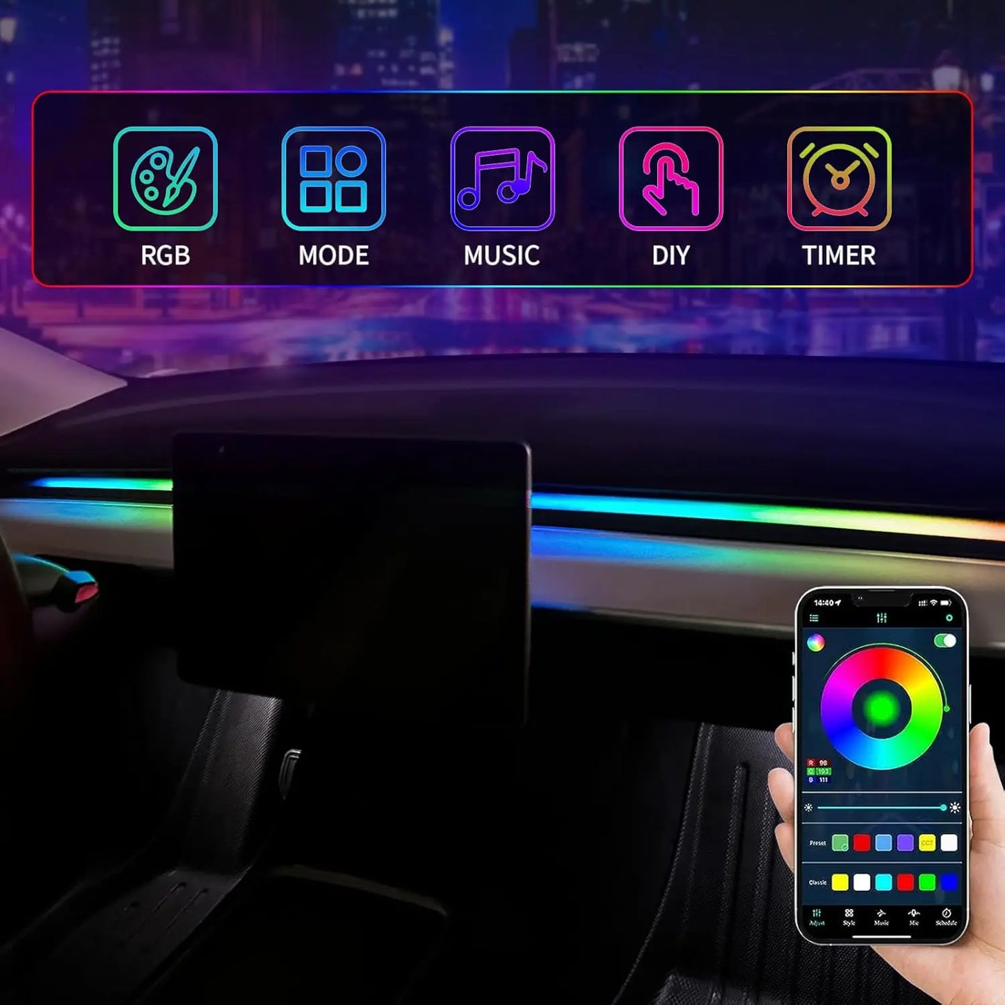 19 in 1 Car Interior Symphony Ambient Light Kit For Tesla Model 3 2019-2020 Acrylic Guide Fiber Strip Decoration Atmosphere Lamp