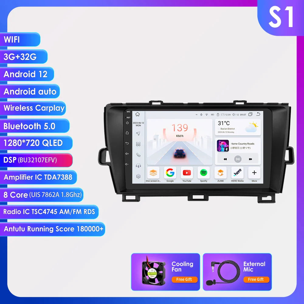 For Toyota Prius 3 XW30 2009-2015 Android 13 Car Radio Multimedia Video Player GPS Navigation Carplay 4G QLED Screen DSP Stereo