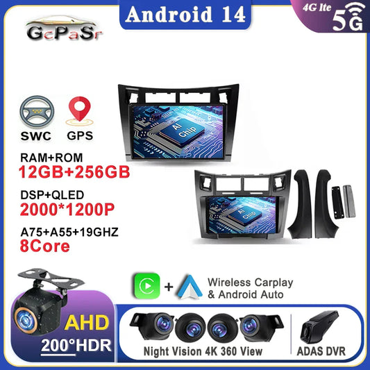 Car Radio Android 14 For Toyota Yaris 2 XP90 2005 - 2012 Auto Multimedia Stereo Dash Cam Screen GPS Head Unit Navigation DVD BT