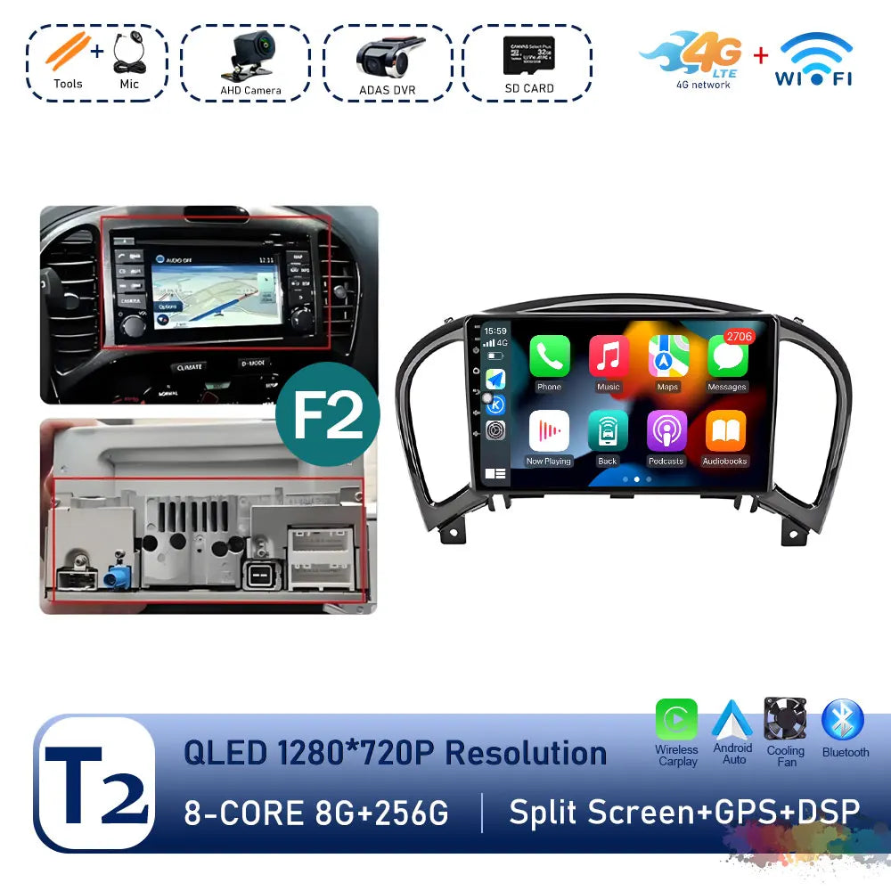 Carplay Android OS for Nissan Juke YF15 2010 - 2014 QLED Touch Screen 9 '' Car Radio Stereo Player GPS Navigation WiFi Head Unit