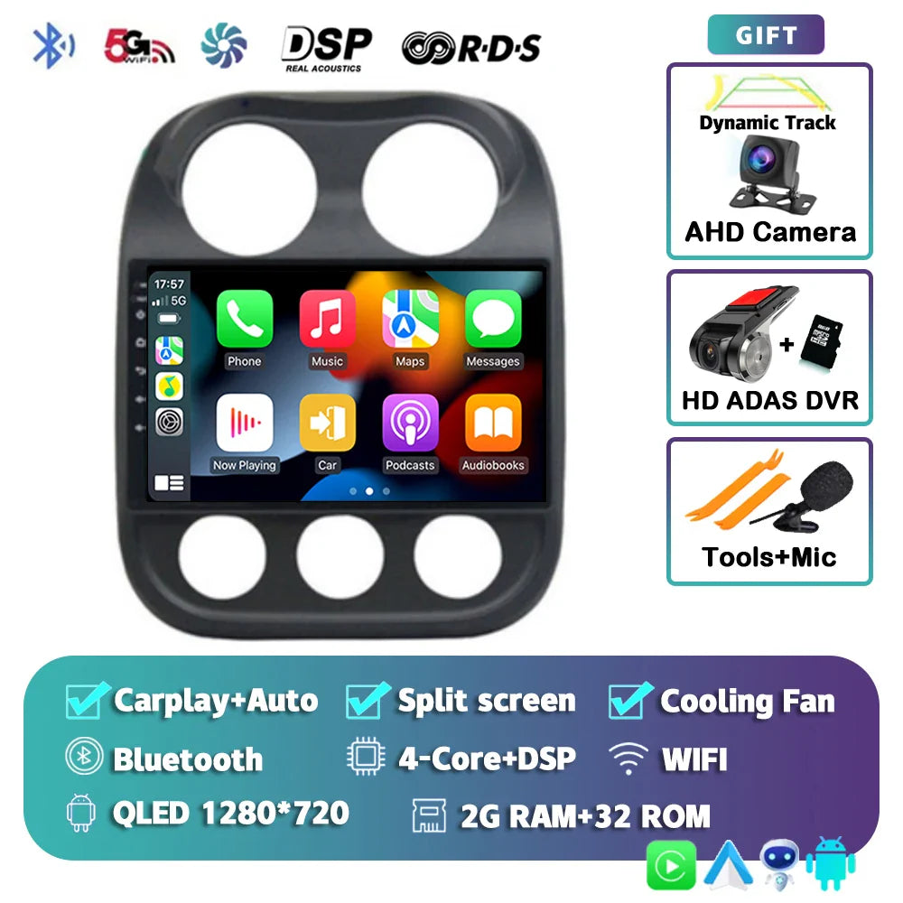 Android 14 For Jeep Compass Patriot 2010- 2016 2K QLED Android Car Radio Multimedia Video Player GPS AI Voice CarPlay Head Unit