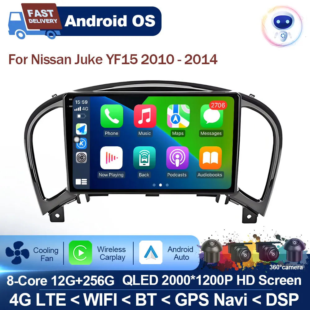 Carplay Android OS for Nissan Juke YF15 2010 - 2014 QLED Touch Screen 9 '' Car Radio Stereo Player GPS Navigation WiFi Head Unit