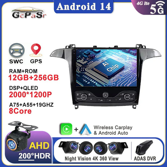 Android 14 Car Multimedia Video Player For Ford S Max S-MAX 2006 - 2015 For Ford Galaxy 2014 Car Radio Stereo Navigation GPS DVD