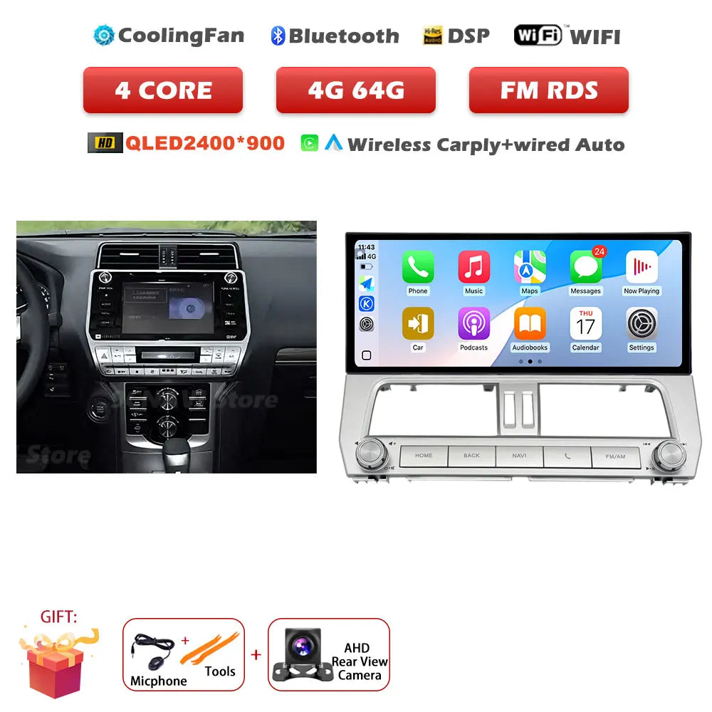 12.3" Android 14 Auto Car Radio Multimedia Player For Toyota Land Cruiser Prado 150 2018-2023 Navigation GPS Carplay Head Unit