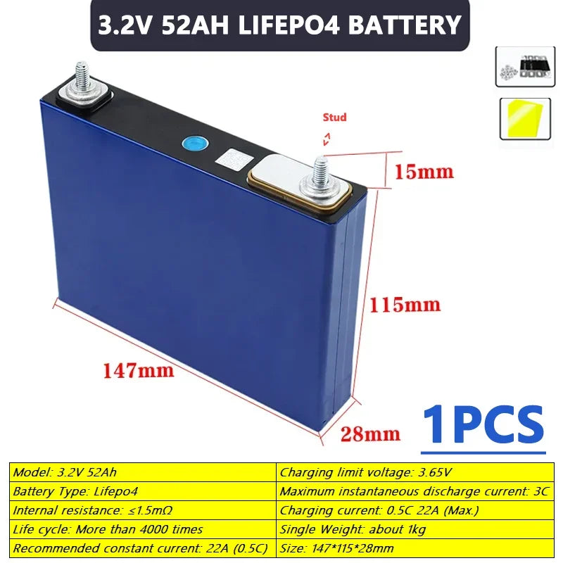 Hot sale 3.2V 52Ah 55Ah LiFePO4 battery 3000+cycles  3C Grade A DIY 12v 24v 48v E-boat Car motor RV Inverter Solar Light