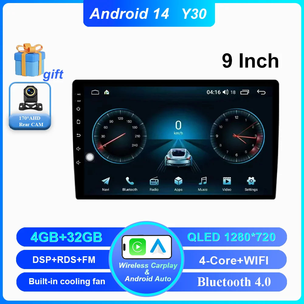 Android 14 CarPlay car radio Android Auto GPS multimedia player 2 DIN universal 9/10 inch Car stereo WiFi player QLED Screen BT