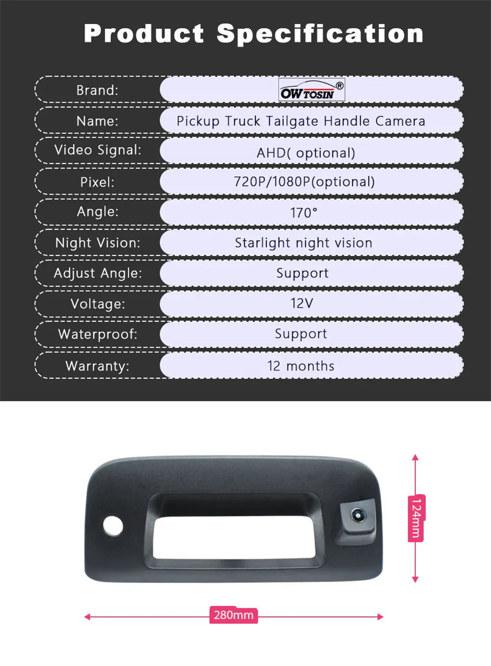 For Chevrolet Silverado GMC Sierra 1500 2500 3500 2007-2013 Pickup Trunk Handle Camera 170°AHD 1920x1080P Car Rear View Camera