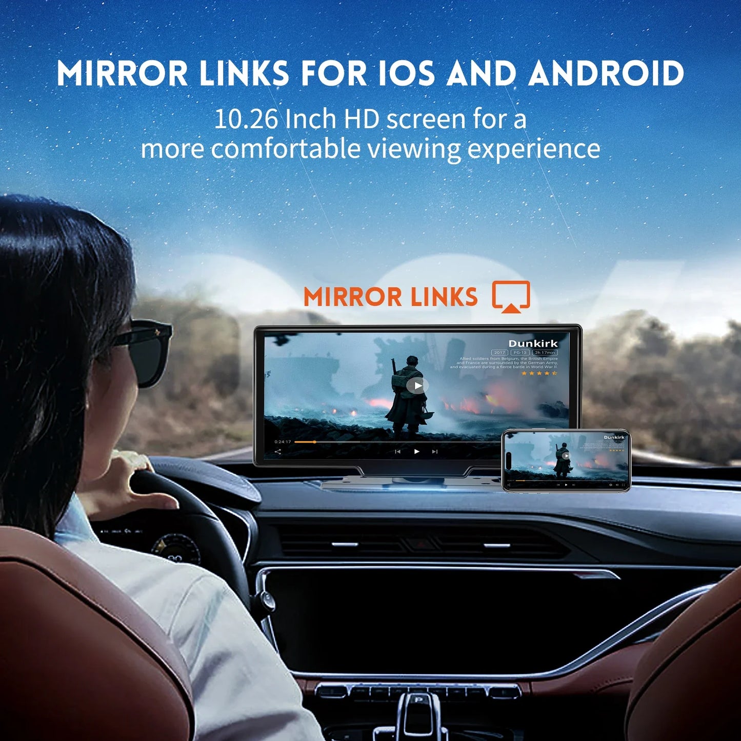 Wireless BT Car Audio Stereo Player Portable Carplay Screen with 4K Dash Cam 10" HD IPS Carplay&Android Auto Screen Mirror Link