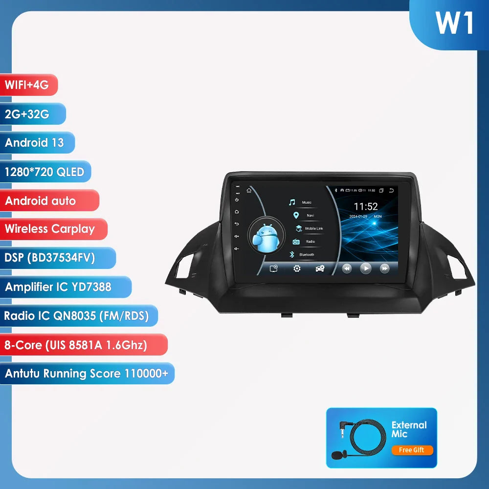 Hizpo 2 Din Android 13 For Ford Kuga 2 Escape 2013 - 2017 Car Radio Multimedia Video Player Navigation GPS 4G Carplay Stereo RDS