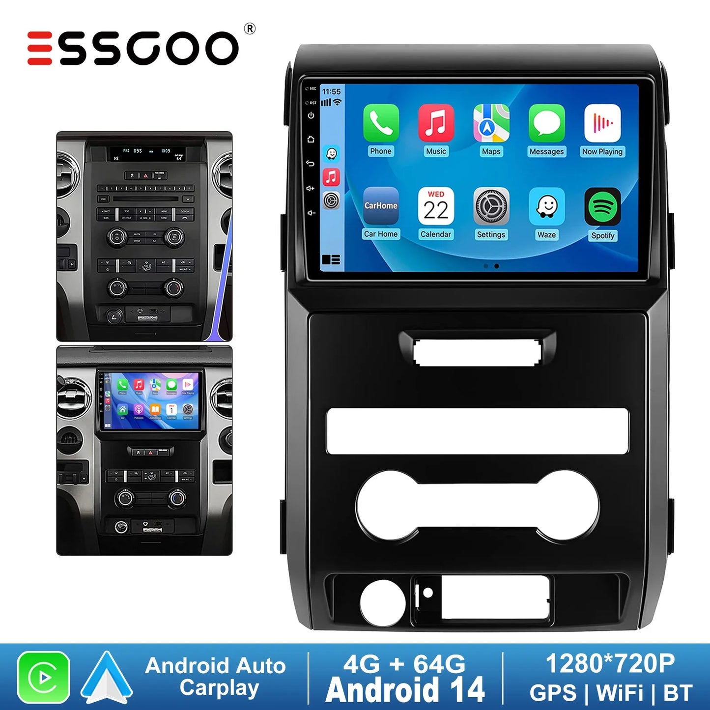 ESSGOO 9" Wireless Carplay Android 14 Auto Car Stereo Multimedia Player Radio GPS Nav Wifi BT USB FM SWC For Ford F150 2009-2014