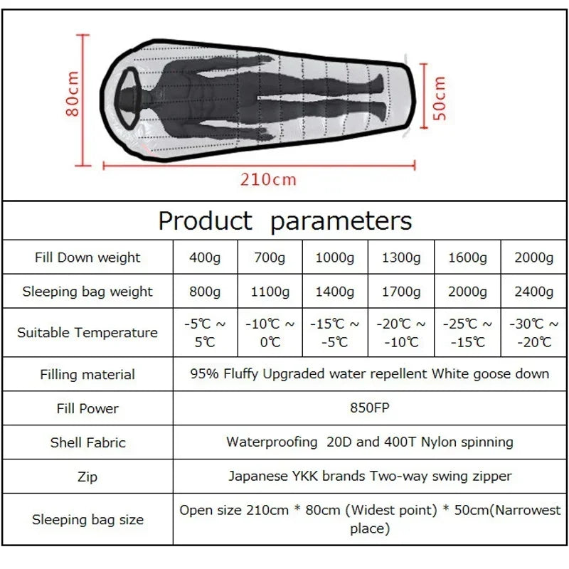 Upgraded High-grade White Goose Down Camping Sleeping Bag with Water Repellent Treatment Warm Insulated Fit for Cold Weather