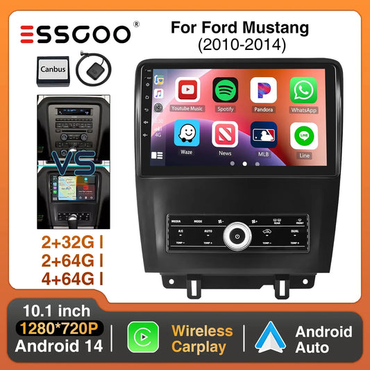 ESSGOO 10.1" Android 14 Car Stereo Radio For Ford Mustang 2010-2014 Carplay/Android Auto Touchscreen GPS Nav BT FM USB SWC