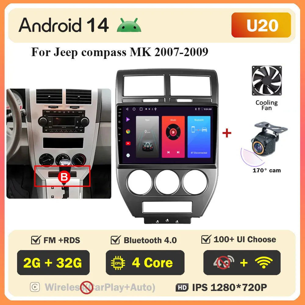 Android 14 Car For Dodge Caliber 2007-2010 For Jeep compass MK 2007-2009 stereo Radio Wireless Carplay Android Auto Radio Stereo