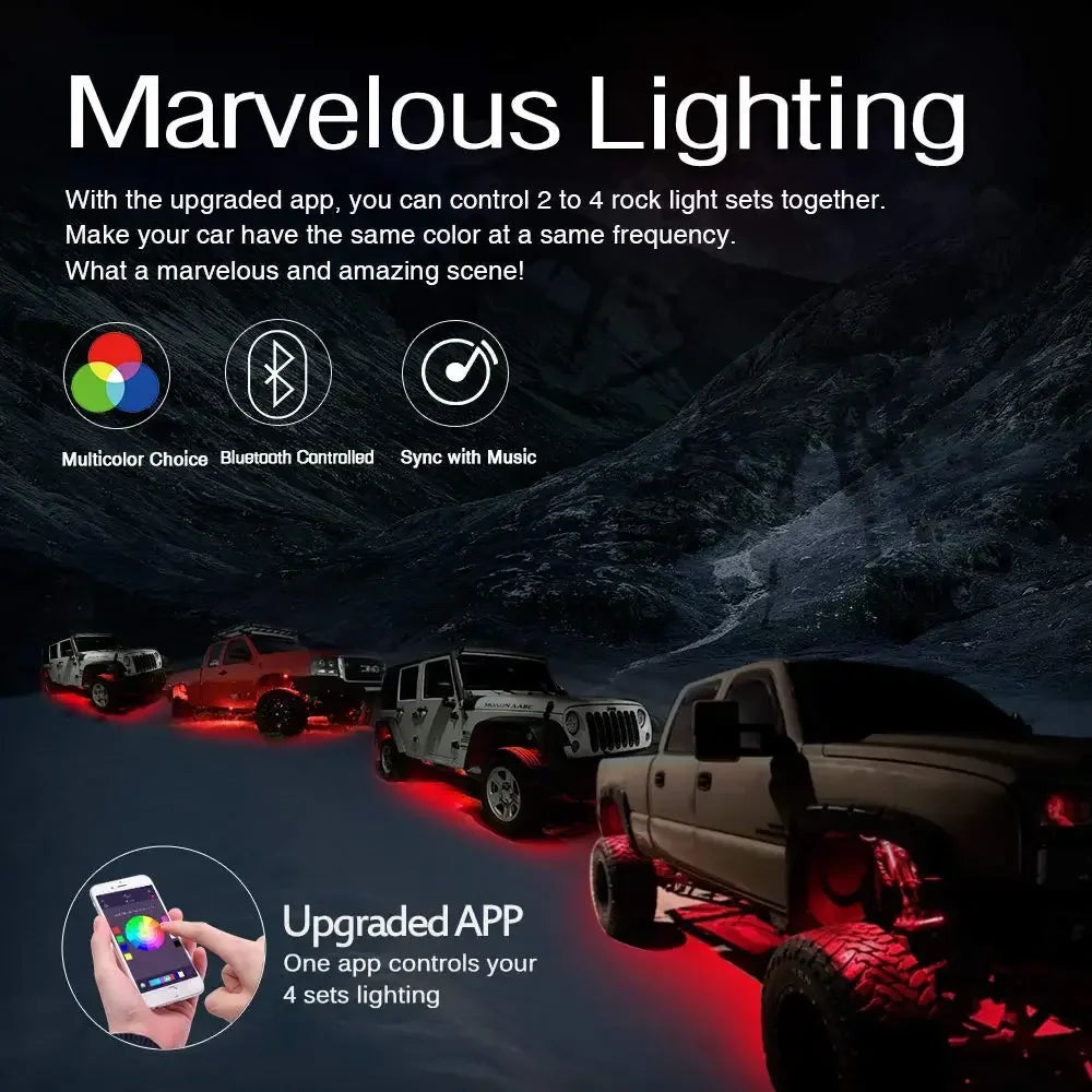 2nd-Gen RGB LED Rock Lights with Bluetooth Controller, Timing Function, Music Mode - 8 Pods Multicolor Neon LED Light Kit