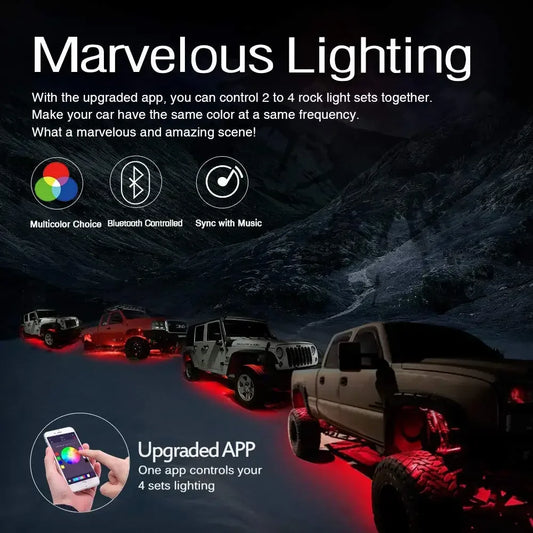 2nd-Gen RGB LED Rock Lights with Bluetooth Controller, Timing Function, Music Mode - 8 Pods Multicolor Neon LED Light Kit