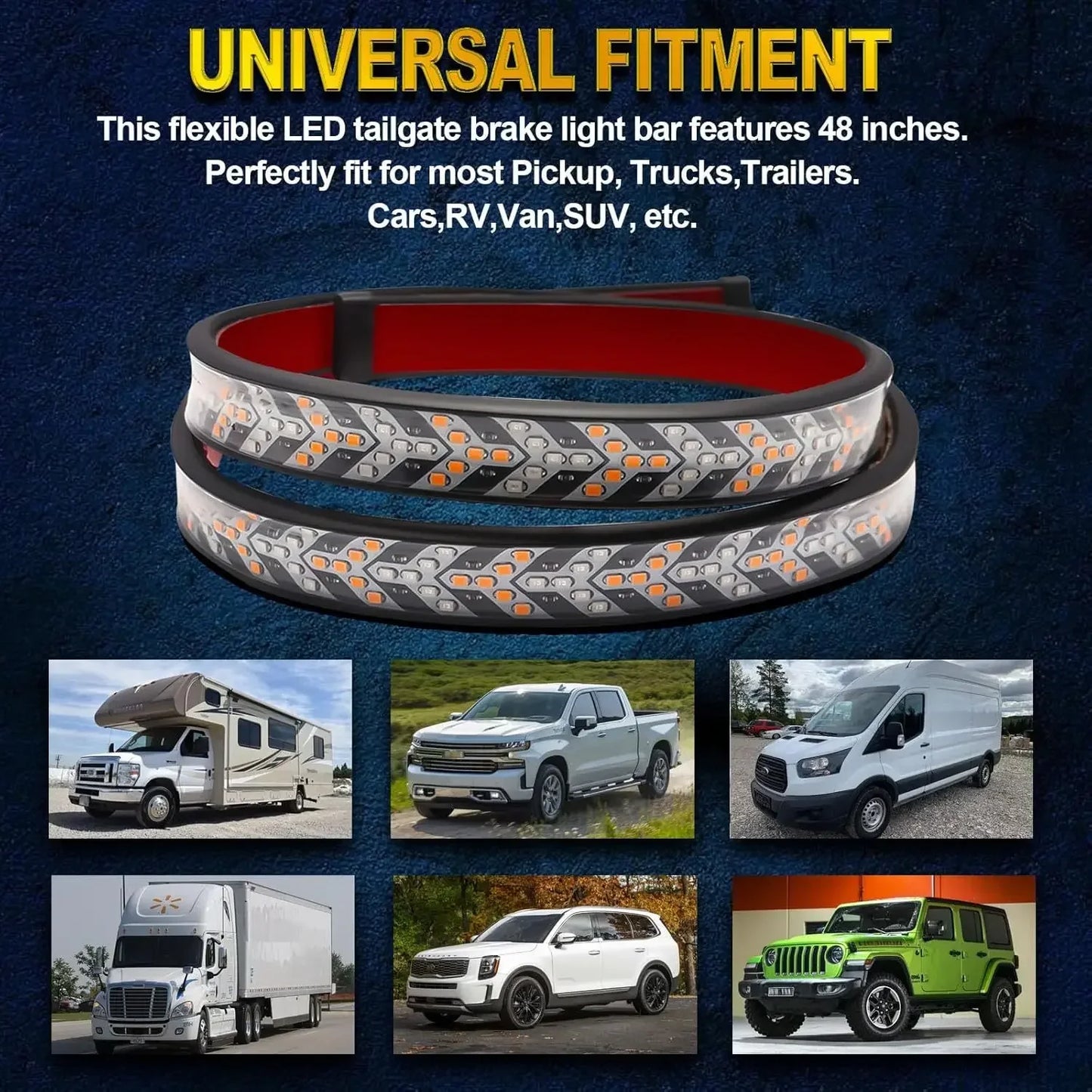 60'' LED Tailgate Light Strip 12V Flexible Red Brake Amber Yellow Sequential Turn Signal Light for Pickup Trucks Trailers RV Van