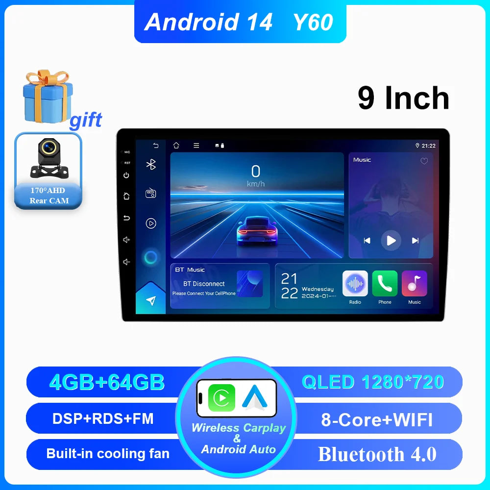 Android 14 CarPlay car radio Android Auto GPS multimedia player 2 DIN universal 9/10 inch Car stereo WiFi player QLED Screen BT
