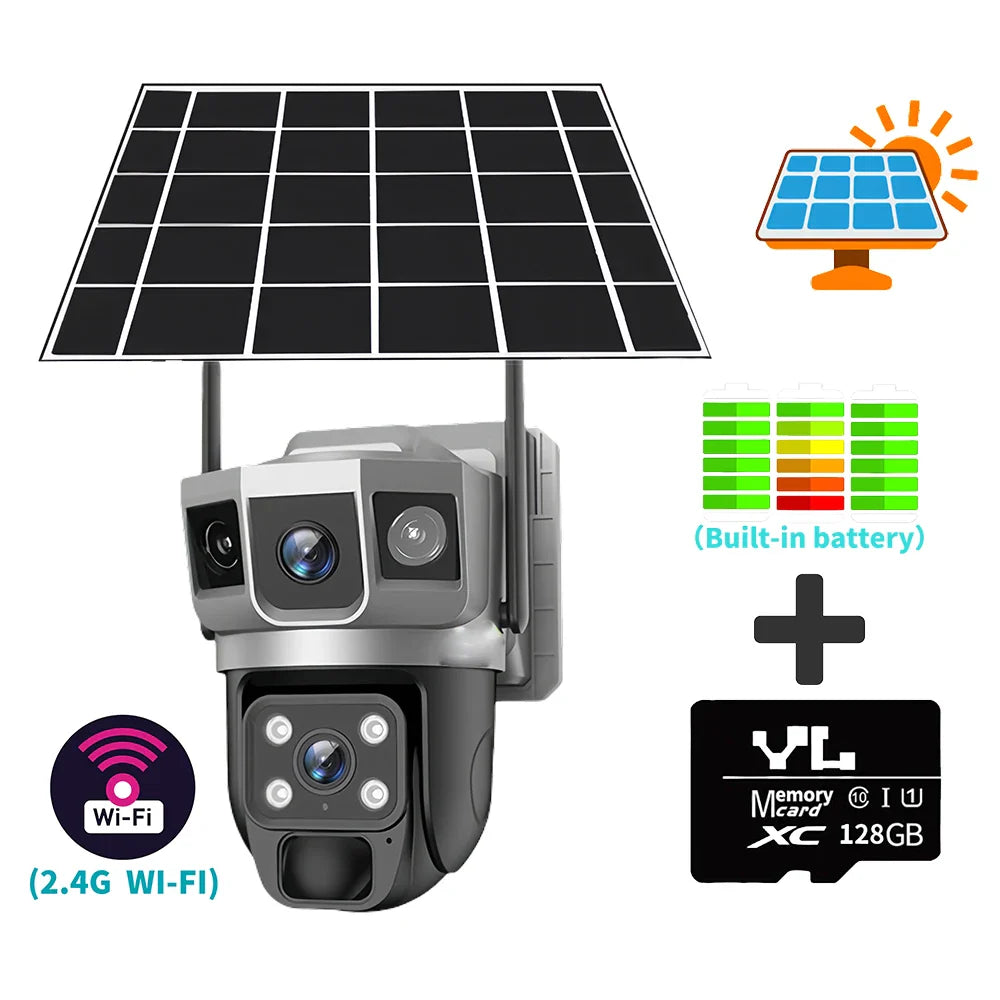 4G Solar IP Camera WIFI CCTV 12MP Dual Lens Triple Screen PTZ Auto Tracking 6K Curious Security Surveillance V380 Pro Camera power tools
