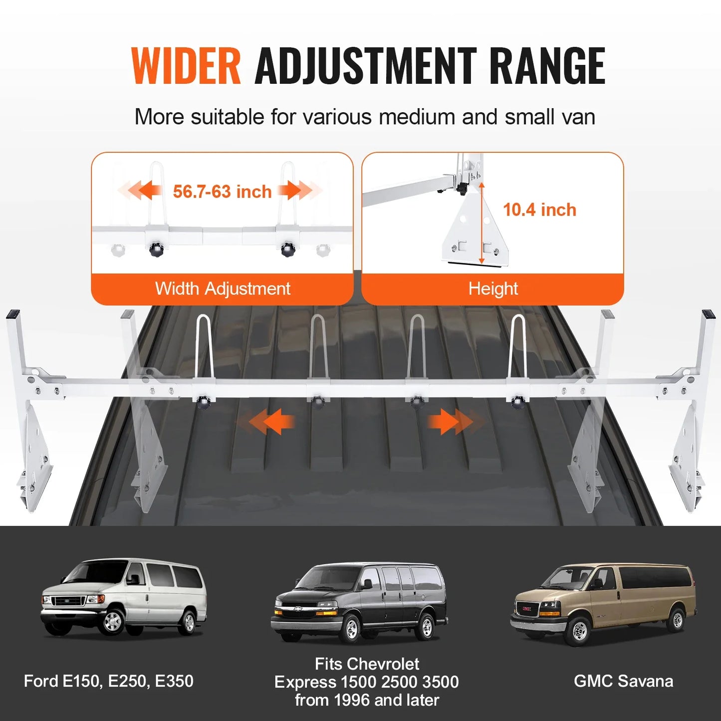 VEVOR Trailer Ladder Rack Adjustable Roof Rack 2/3 Crossbars Van Roof Ladder Rack Fit for Chevrolet 1500 / Ford E150 /GMC Savana
