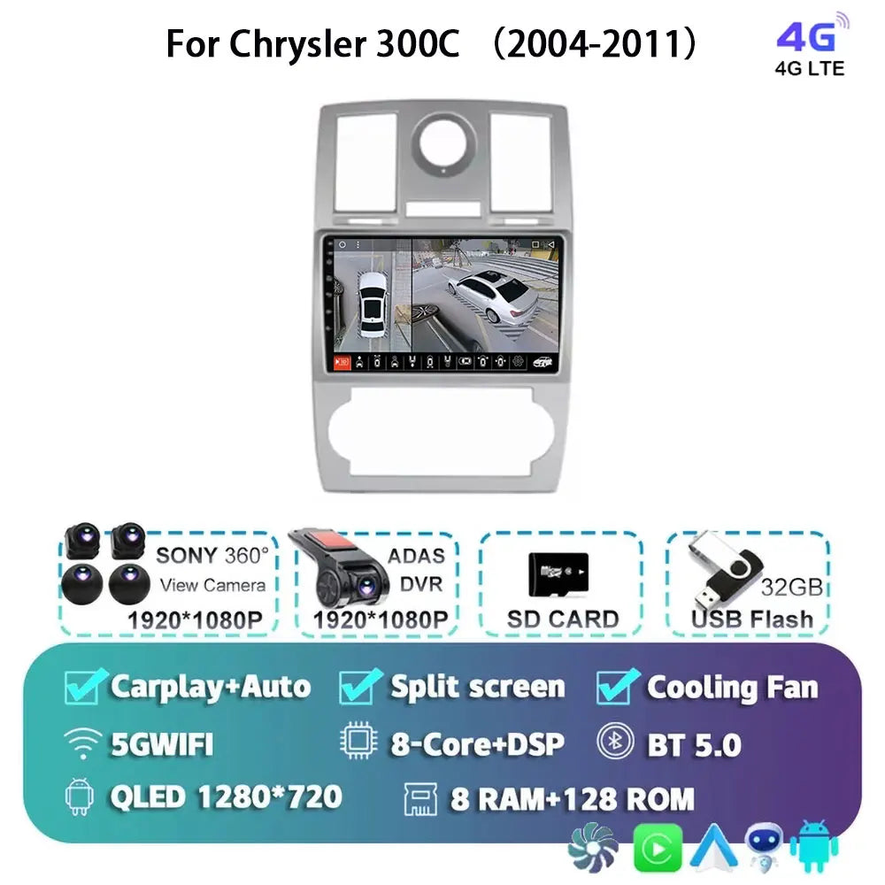 Android 15 For Chrysler 300C 2004-2011 Auto Carplay Car Radio Navigation GPS Video Multimedia Player 360 Camera 4G WIFI DSP