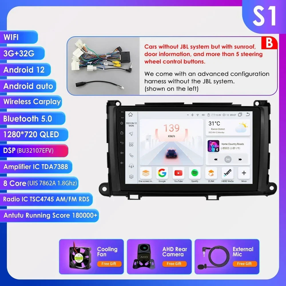 Hizpo For Toyota Sienna XL30 2010-2014 Car Radio Multimedia Video Player Navigation Stereo GPS Android Auto Carplay 8G+128GB RDS