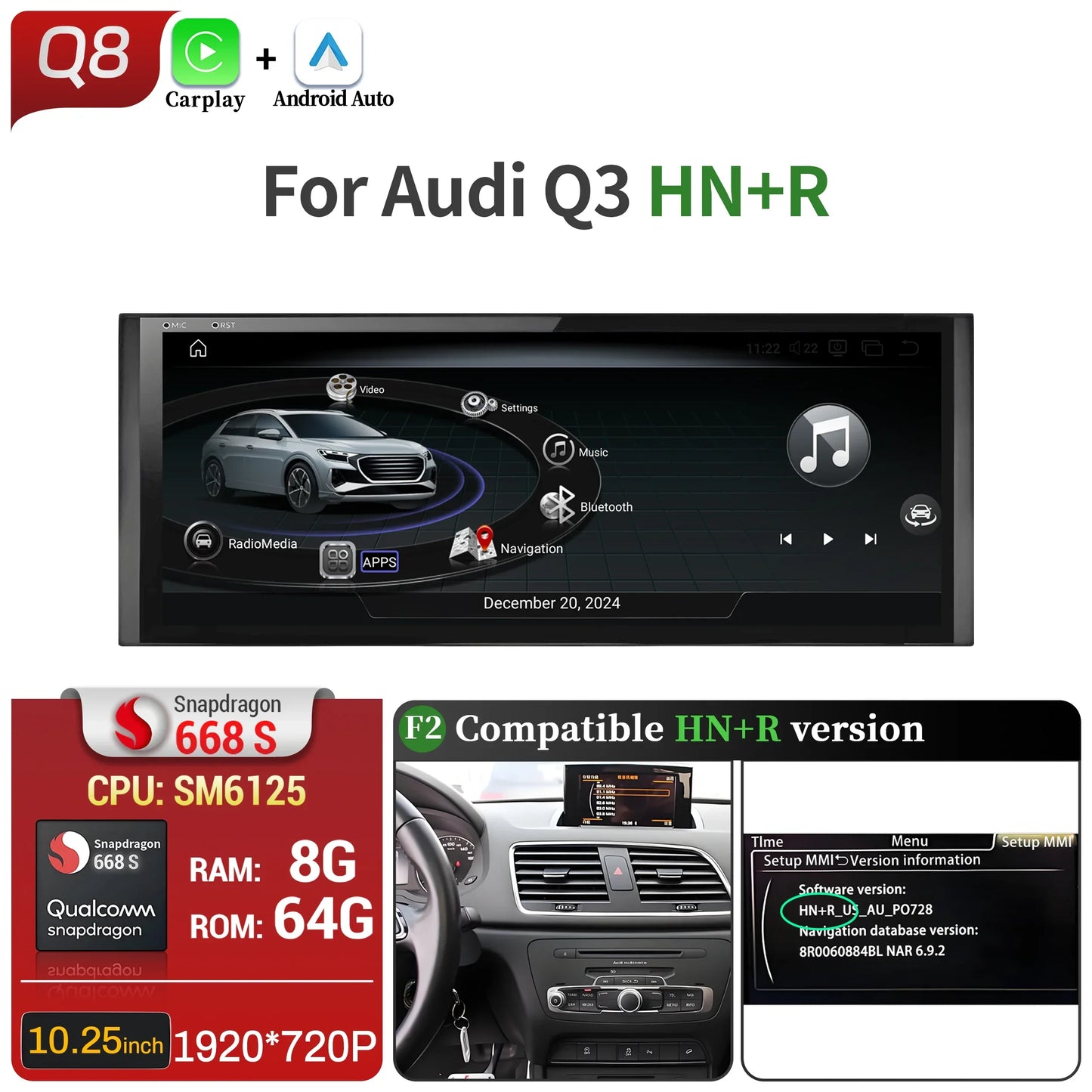 10.25 inch Android 14 For Audi Q3 2011-2018 Car Radio Wireless Bluetooth Carplay Qualcomm Snapdragon 680 Head Unit Touch Screen