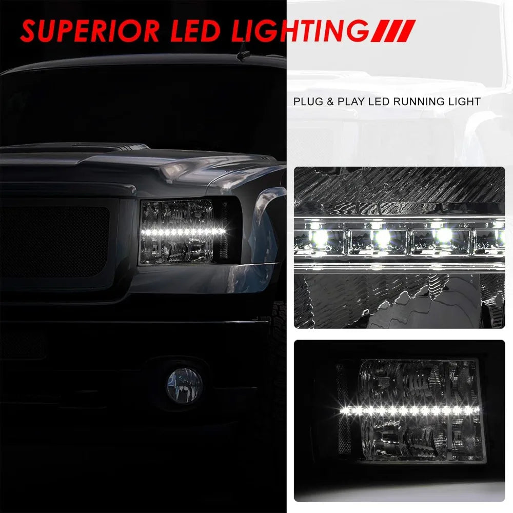 LED DRL Headlights Assembly Compatible with GMC Sierra Driver and Passenger Side, Smoked Lens Clear Corner