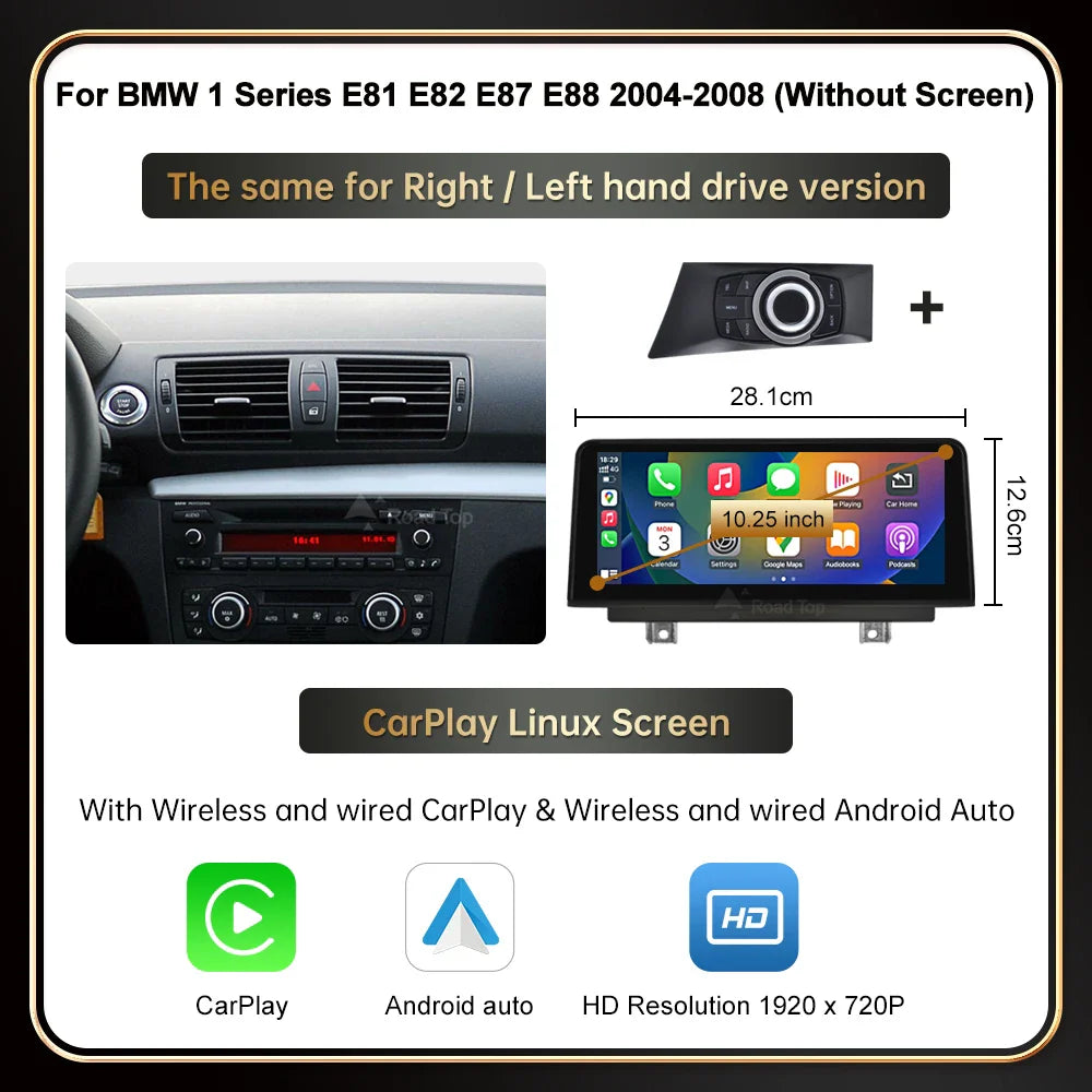 RoadTop Wireless CarPlay Android Auto For BMW Series 1 E81 E82 E87 E88 CCC CIC System Multimedia Display Screen