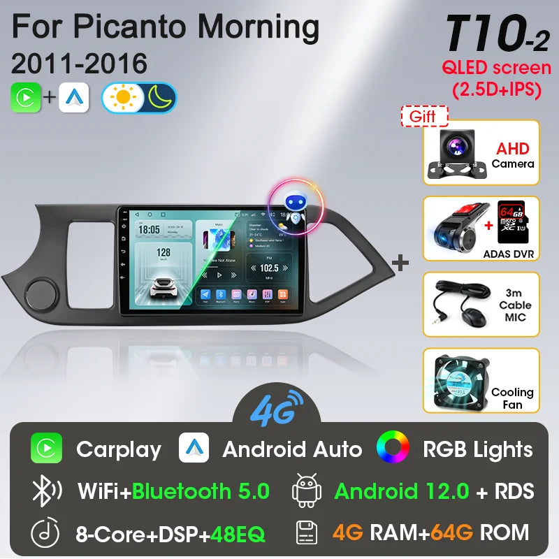 2 Din Android 12 Car Radio Carplay for KIA PICANTO Morning 2 2011 2012 2013 2014 2015 2016 Multimedia Player Navigation DVD Head